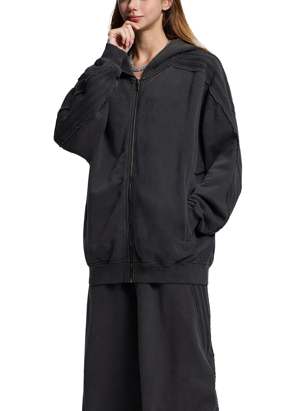 OVERTHINK Tape Raw Edge Zip Hoodie