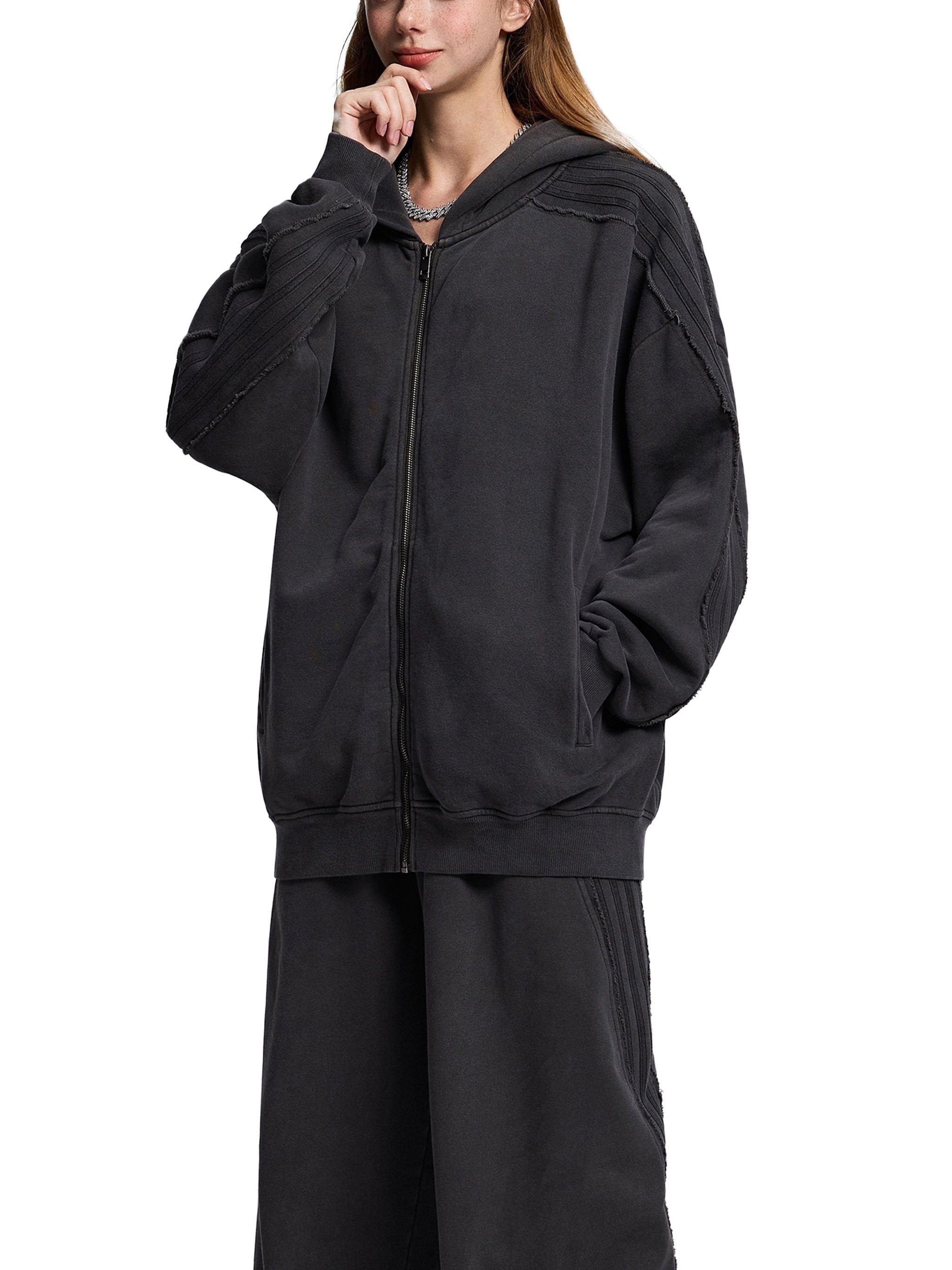 OVERTHINK Tape Raw Edge Zip Hoodie