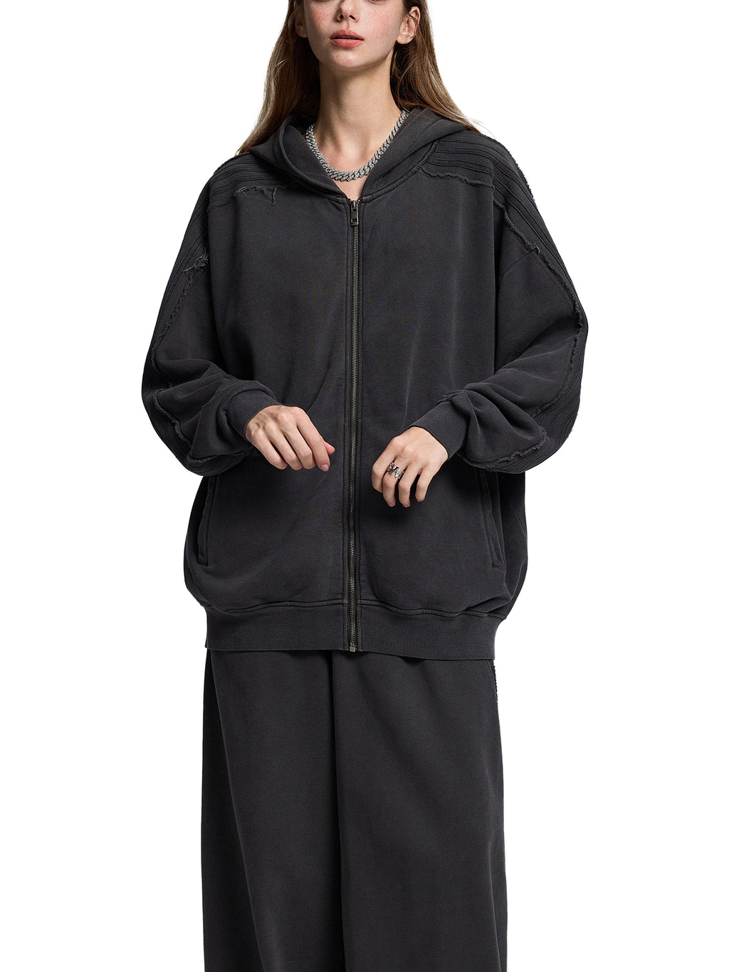 OVERTHINK Tape Raw Edge Zip Hoodie